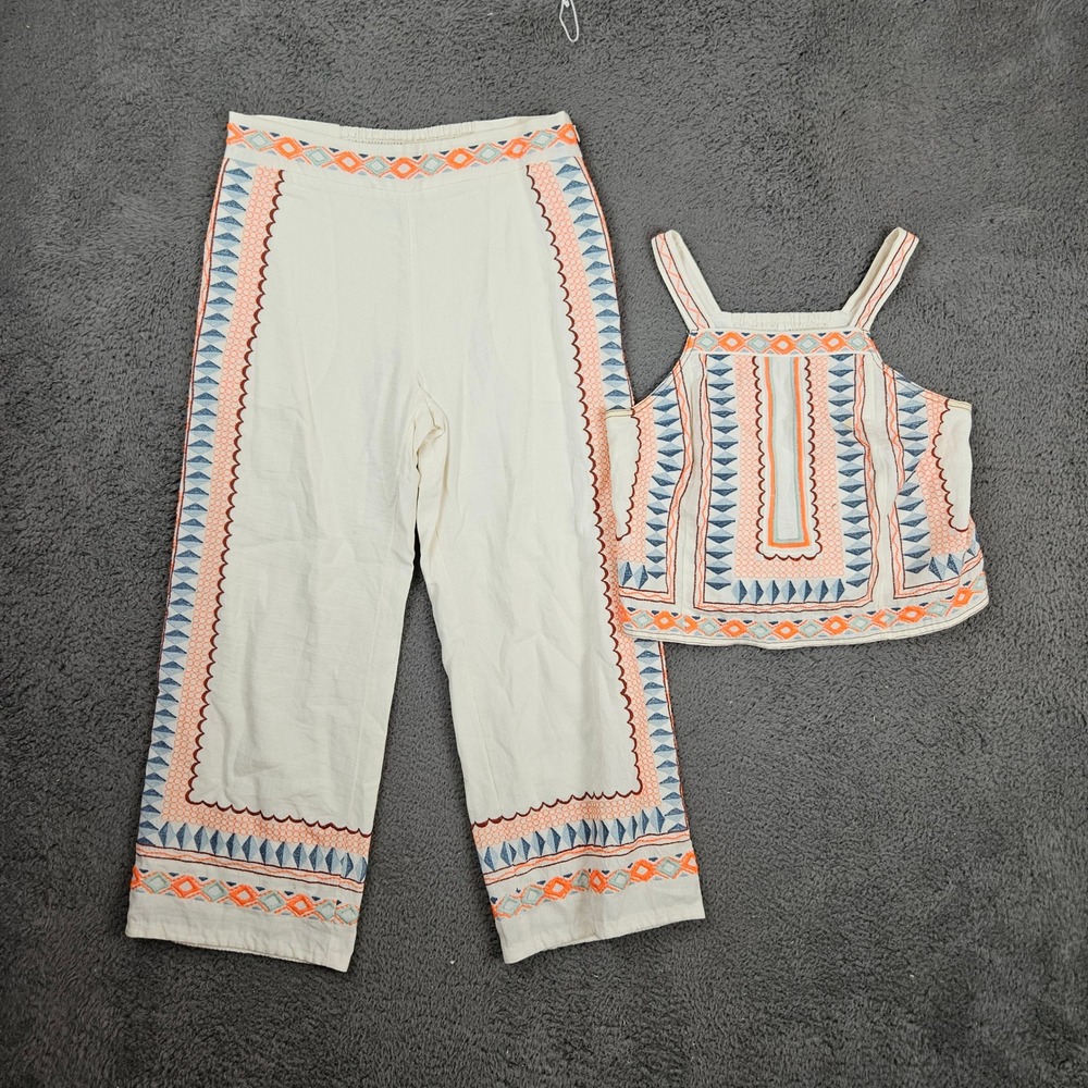 Anthropologie Embroidered Two Piece Set Crop Top Size 2 Wide Leg Pants Size 0